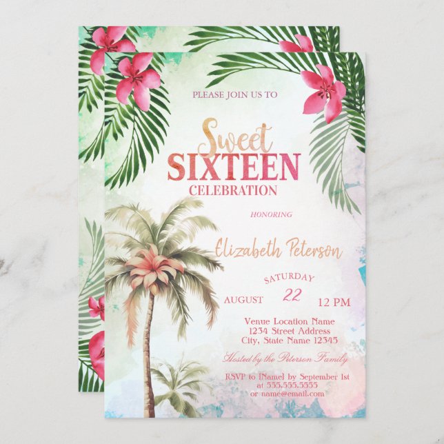 Invitation Palm Tree Fleurs tropicales été doux 16 Party (Devant / Derrière)