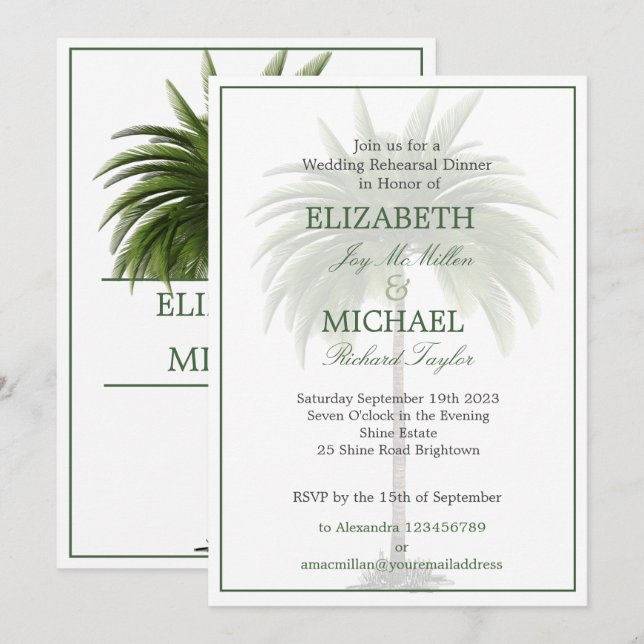 Invitation Palm Tree Mariage élégant Répétition chic moderne (Devant / Derrière)