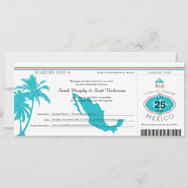 Invitation Palm Tree Mexico Boarding Pass Mariage (Devant)