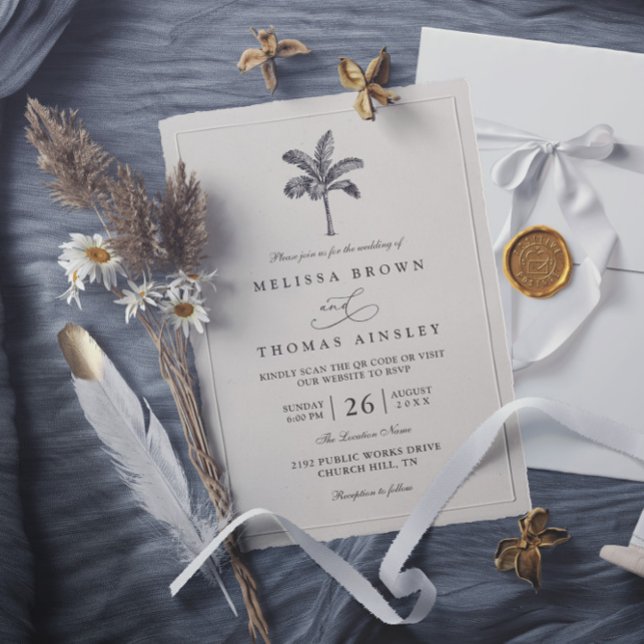 Invitation Palm Tree Minimalist Destination QR Code Wedding (Créateur téléchargé)