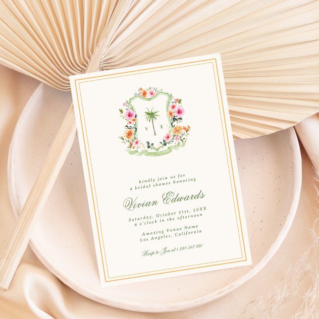 Invitation Palm Tree Monogram Fête des mariées de plage tropi (Créateur téléchargé)