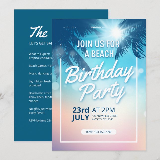 Invitation Palm Tree Sunset Plage adulte Anniversaire (Devant / Derrière)
