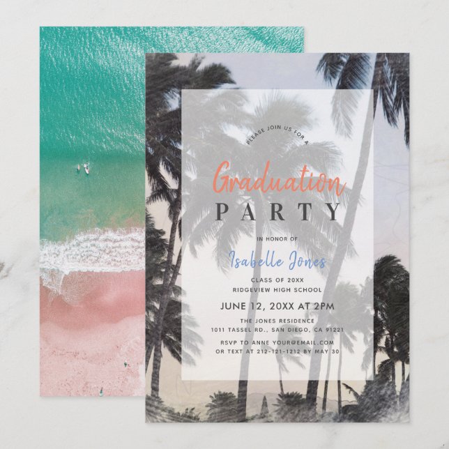 Invitation Palm Tree & Tropical Beach Graduation (Devant / Derrière)