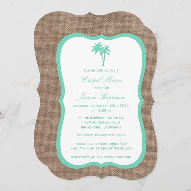 Invitation Palm Tree Tropical Burlap Beach Fête des mariées (Devant / Derrière)