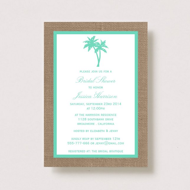 Invitation Palm Tree Tropical Burlap Beach Fête des mariées (Créateur téléchargé)