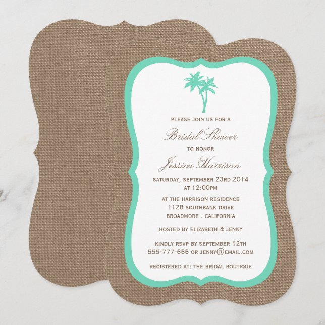 Invitation Palm Tree Tropical Burlap Beach Fête des mariées (Devant / Derrière)