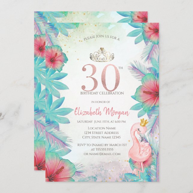 Invitation Palm tropical Feuille Hibiscus Flamant rose rose 3 (Devant / Derrière)