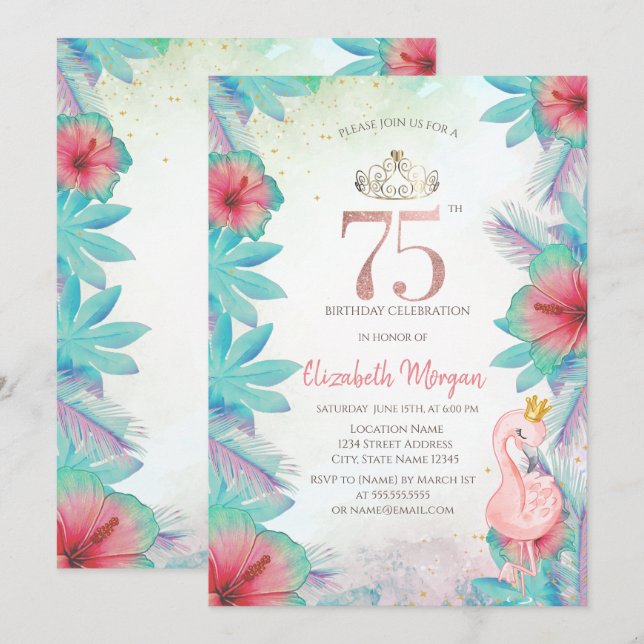 Invitation Palm tropical Feuille Hibiscus Flamant rose rose 7 (Devant / Derrière)