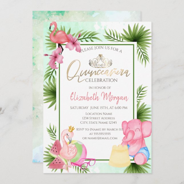 Invitation Palm Watermelon Flamant rose EIephant Quinceañera (Devant / Derrière)