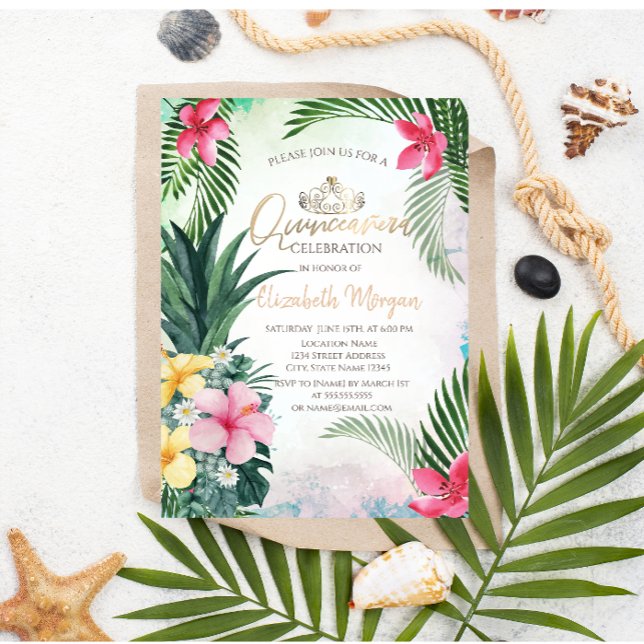 Invitation Palme d'été Quinceañera d'ananas à fleurs tropical (Créateur téléchargé)