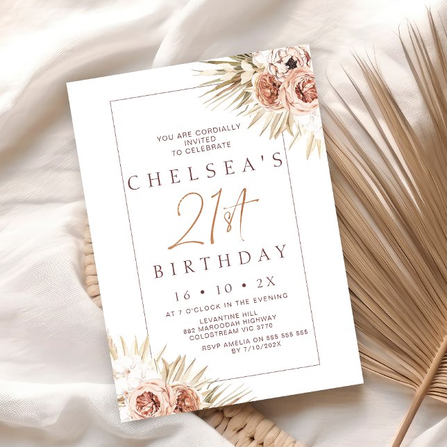 Invitation Palme florale Boho moderne 21e anniversaire (Boho Floral 21st Birthday Invitation, Bohemian Floral 21st Birthday Invite, Modern Rustic Girl)