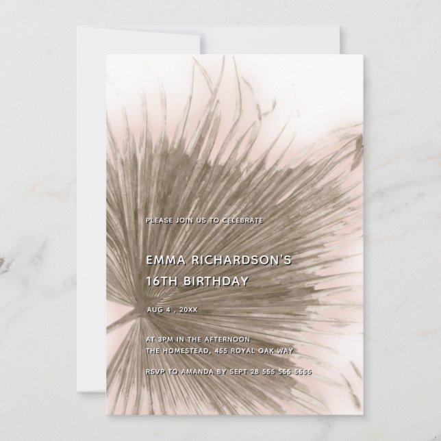 Invitation Palme rose Feuille botanique tropicale 16e anniver (Devant)