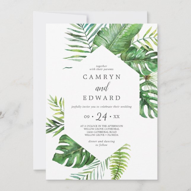Invitation Palme Tropical Sauvage Tout En Un Mariage (Devant)
