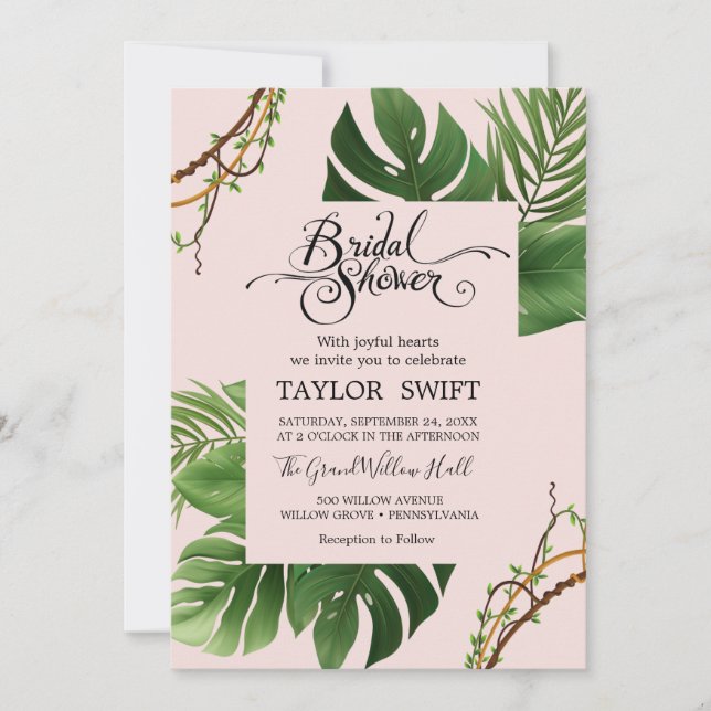Invitation Palme Tropicale Exotique | Fête de Mariage Rose Te (Devant)