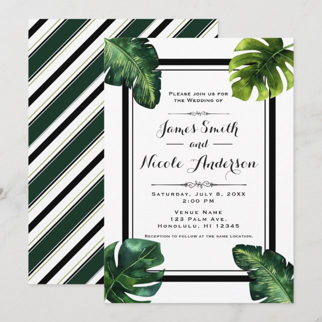 Invitation Palme tropicale Feuille blanc vert noir Mariage (Devant / Derrière)