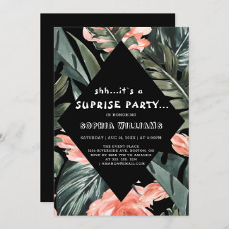 Invitation Palme tropicale Florale Surprise Black Party Invit