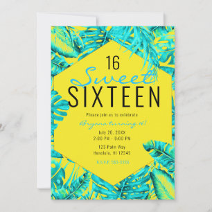 Invitation Palme Tropicale Jaune & Turquoise Feuille Sweet 16