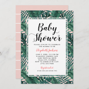 Invitation Palme Tropicale moderne Blush Feuilles Baby Girl D