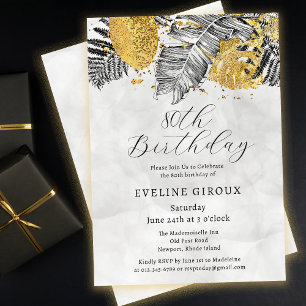 Invitation Palme tropicale Noir Blanc Or 80e anniversaire
