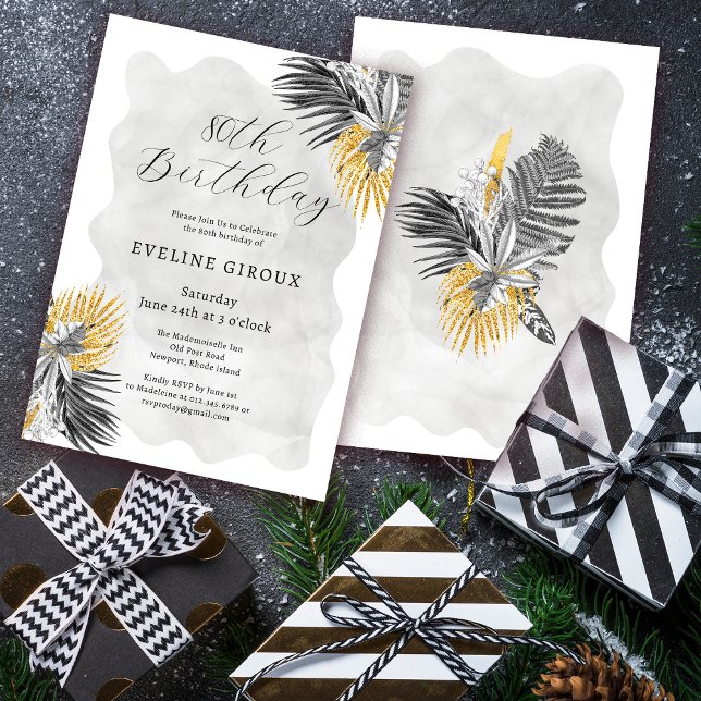 Invitation Palme tropicale Noir Blanc Or 80e anniversaire (Need matching welcome signs or party supplies? Message me!)
