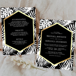 Invitation Palme Tropicale Noir Blanc Or tout en un Mariage