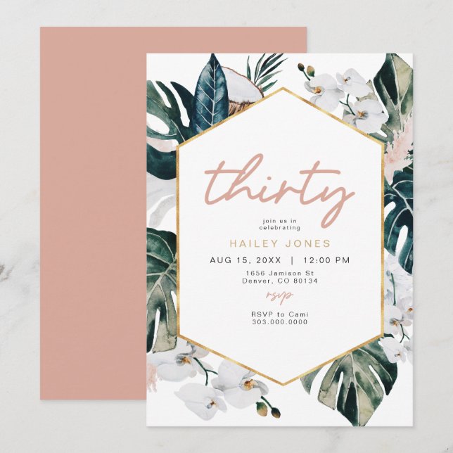 Invitation Palme tropicale rose pâle Pampas 30e anniversaire  (Devant / Derrière)