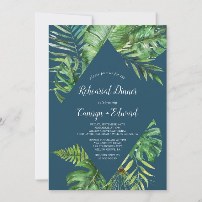 Invitation Palme tropicale sauvage | Dîner de répétition bleu (Devant)