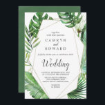 Invitation Palme tropicale sauvage Itinéraire géométrique et<br><div class="desc">Cet itinéraire et carte de faire-part de mariage sauvage aux palmiers tropicaux est parfait pour un mariage sur la plage ou à destination. Le design comprend un éventail exotique de feuilles de bananiers d'aquarelle verte, fougères, feuillage, plantes botaniques et verdure pour une sensation tropicale estivale. Ajoutez plus de détails au...</div>