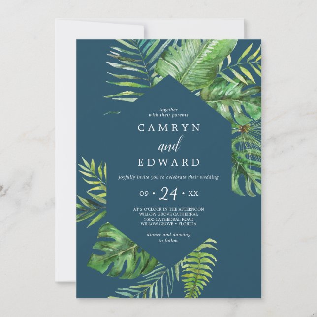 Invitation Palme tropicale sauvage | Mariage Décontracté de N (Devant)