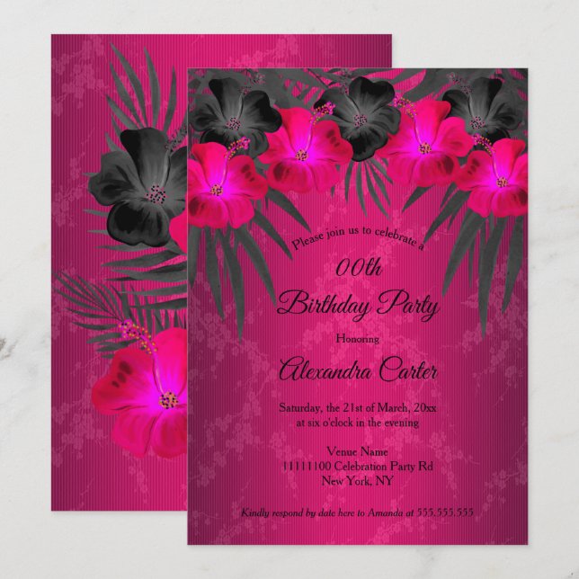 Invitation Palmes noires roses Hibiscus Damask Anniversaire (Devant / Derrière)