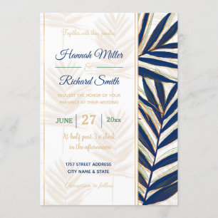 Invitation Palmier bleu moderne Feuille Gold Strots Blanc Des