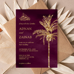 Invitation Palmier dattier scintillant prune et or Mariage mu