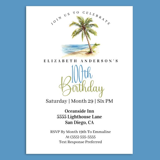 Invitation Palmier de la Plage 100e Anniversaire (Tropical beach palm tree 100th birthday invitation)