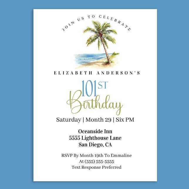 Invitation Palmier de la Plage 101e Anniversaire (Tropical beach palm tree 101st birthday invitation)