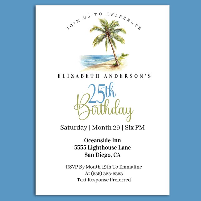 Invitation Palmier de la Plage 25e Anniversaire (Tropical beach 25th birthday invitation with palm tree ocean watercolor design)