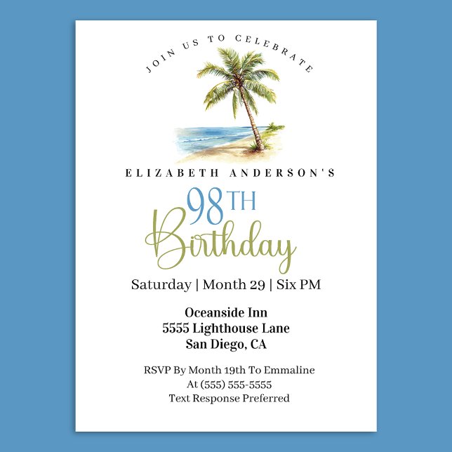 Invitation Palmier de la Plage 98e Anniversaire (Tropical beach palm tree 98th birthday invitation 
)