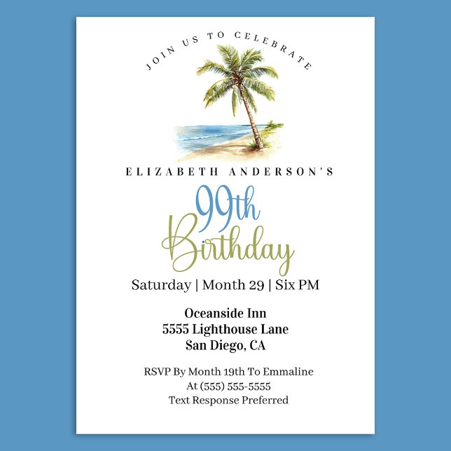 Invitation Palmier de la Plage 99e Anniversaire (Tropical beach palm tree 99th birthday invitation)