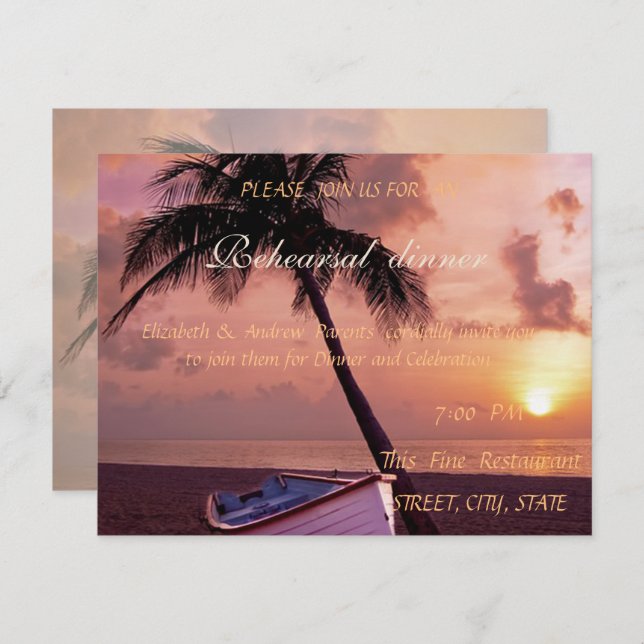 Invitation Palmier de mariage de plage, coucher du soleil, Dî (Devant / Derrière)