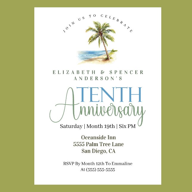 Invitation Palmier de Plage 10e Anniversaire de Mariage (Tropical beach palm tree 10th wedding anniversary invitation coastal seaside celebration
)