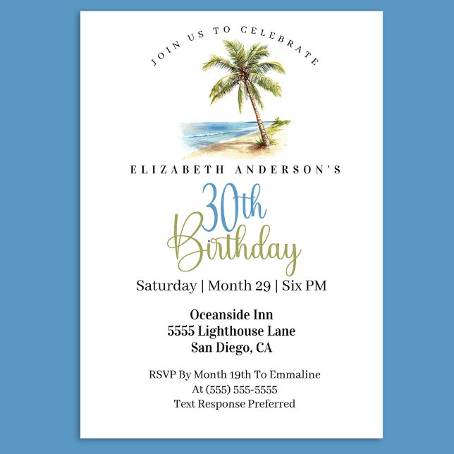 Invitation Palmier de plage 30e anniversaire (Tropical beach palm tree 30th birthday invitation)