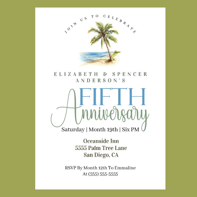 Invitation Palmier de Plage 5e Anniversaire de Mariage (Tropical beach palm tree 5th wedding anniversary invitation coastal seaside celebration
)
