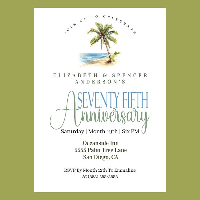 Invitation Palmier de Plage 75e Anniversaire de Mariage (Tropical beach palm tree 75th wedding anniversary invitation coastal seaside theme
)