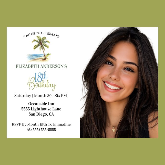 Invitation Palmier de plage Photo d'anniversaire 18 ans (Tropical beach palm tree 18th birthday photo invitation for woman coastal party
)