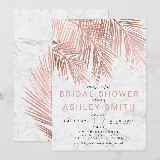 Invitation Palmier d'or rose moderne marbre Douche nuptiale (Devant / Derrière)