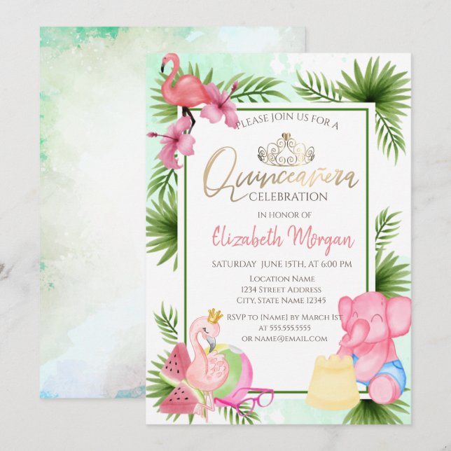Invitation Palmier Pastèque Flamant rose Éléphant Quinceañera (Devant / Derrière)