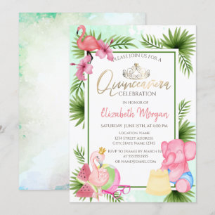 Invitation Palmier Pastèque Flamant rose Éléphant Quinceañera