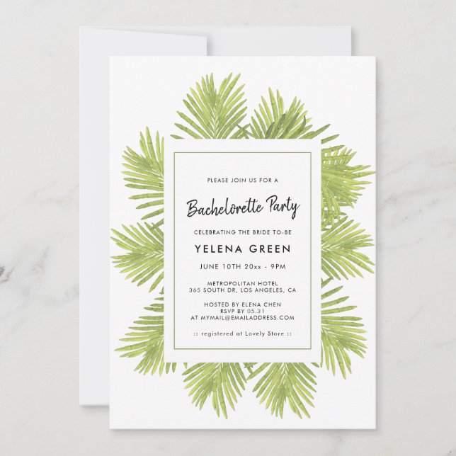 Invitation Palmier tropical Bachelorette Party (Devant)