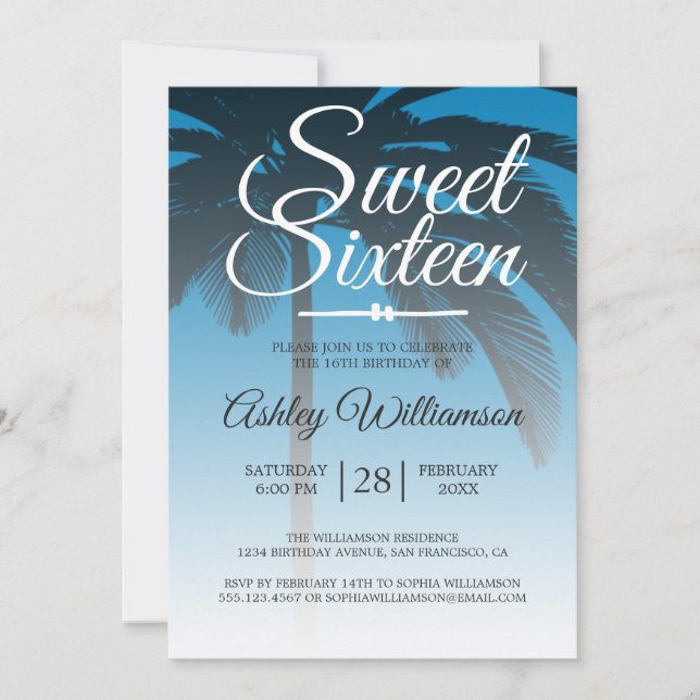 Invitation Palmier tropical bleu doux 16 16e anniversaire (Devant)