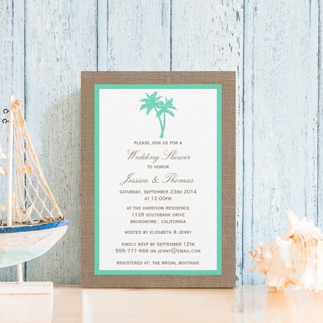 Invitation Palmier tropical Burlap Beach Mariage Douche (Créateur téléchargé)