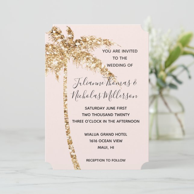 Invitation Palmier Tropical de la Parties scintillant d'or bl (Debout devant)